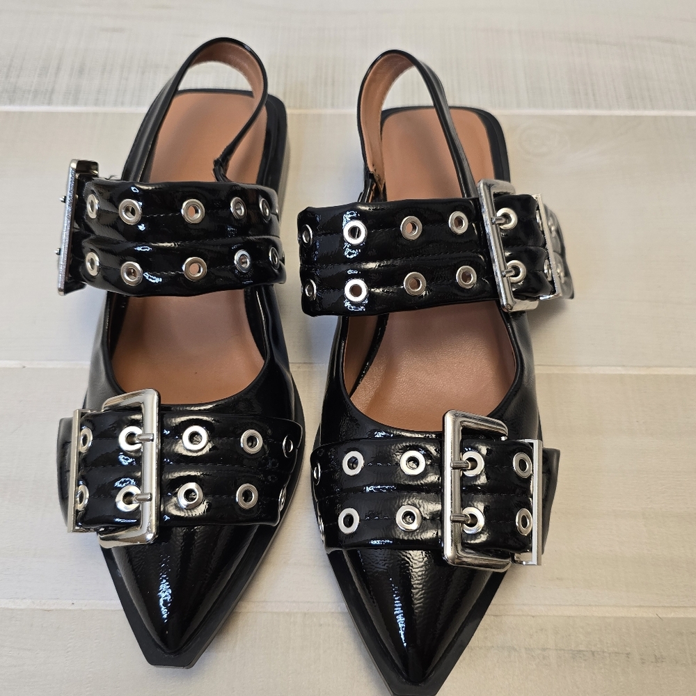 Black Patent Pointed Slingback Flats with Buckle Straps